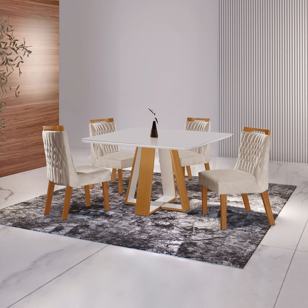 Conjunto Sala de Jantar Mesa Grécia 4 Cadeiras Atena Castanho Cinamomo/Pena Bege/Off White