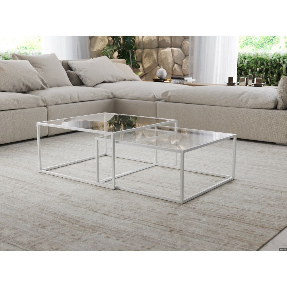 Mesa de Centro Industrial Moderna Atemporal Duo Catarina Branco e Tampo de Vidro