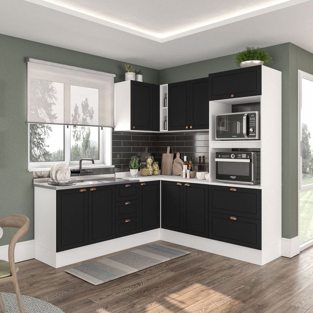 Cozinha 6 Peças com Rodapé Pérola Yescasa Preto/Branco