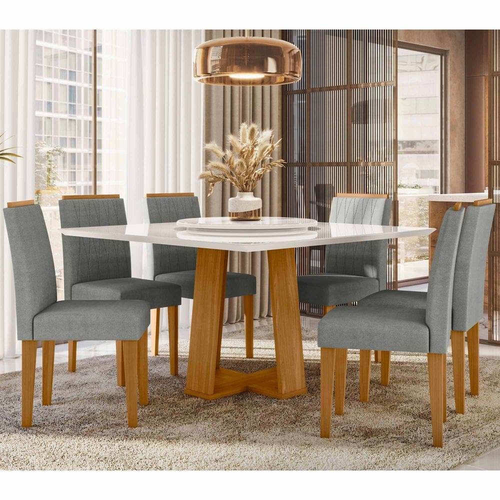 Conjunto Sala de Jantar Mesa Valência 1,35 com Tampo Giratório e 6 Cadeiras Ana Ypê/Off White/Ln02 - New Ceval