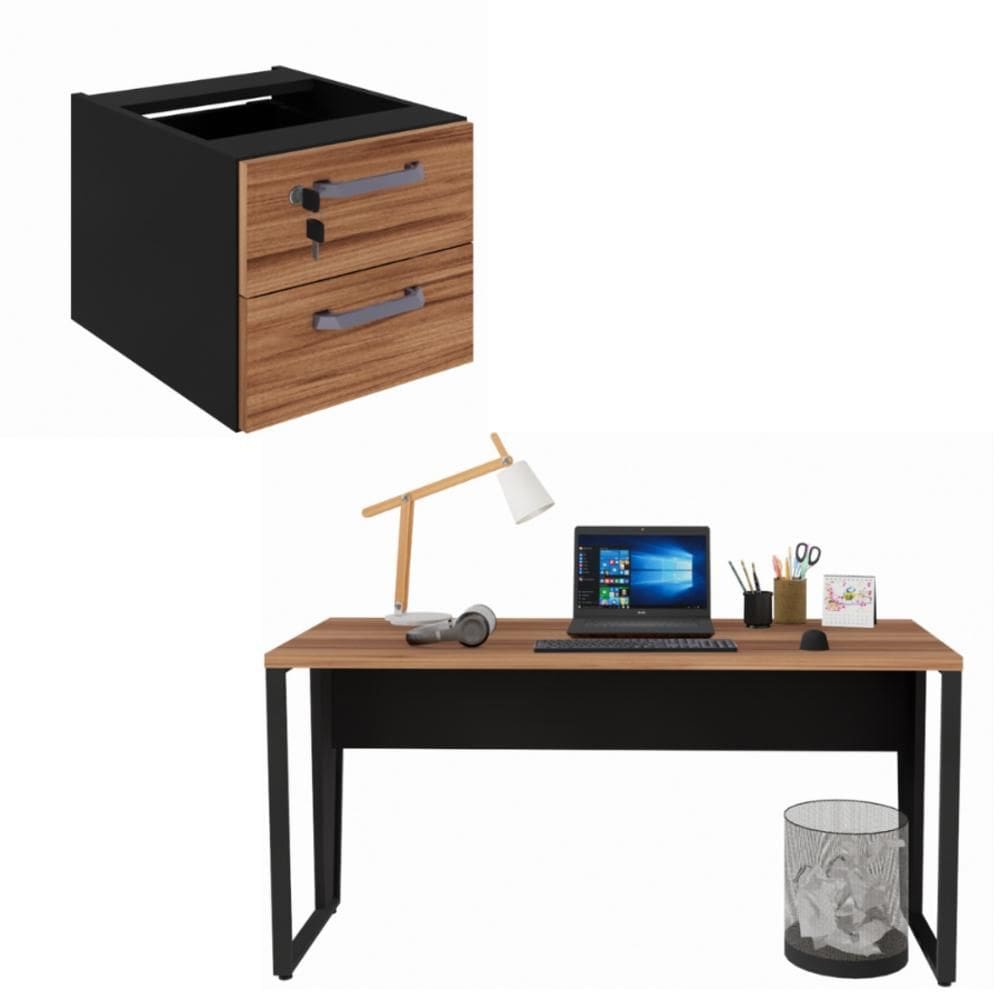 Conjunto Escritório Office Escrivaninha e Gaveteiro Suspenso 2 Gavetas com Chave Cor Marrom/Preto - Yaris