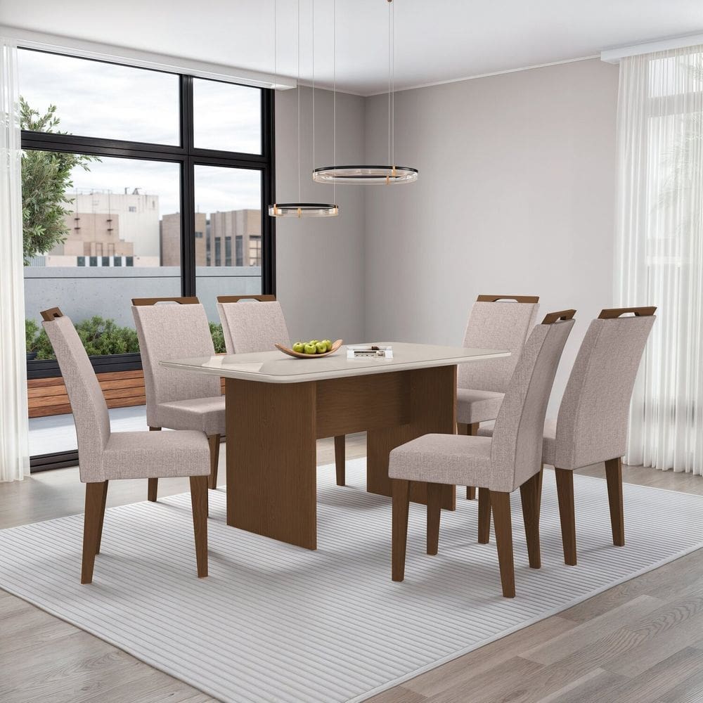 Mesa Cairo 160x78cm Tampo Mdf e Vidro com 6 Cadeiras Evora Freijó/Bege/Off White