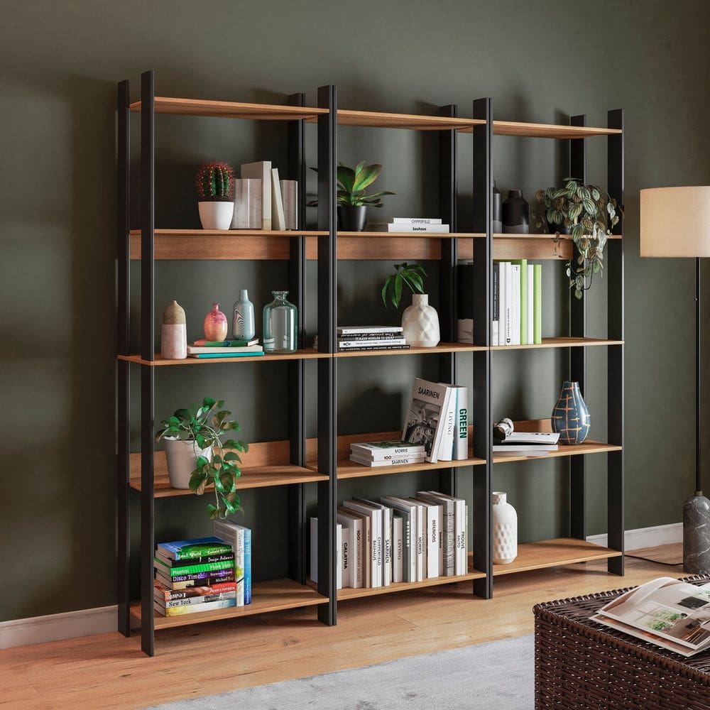 Conjunto 3 Estantes para Livros 13 Prateleiras em Mdp Lamina Mel/Preto