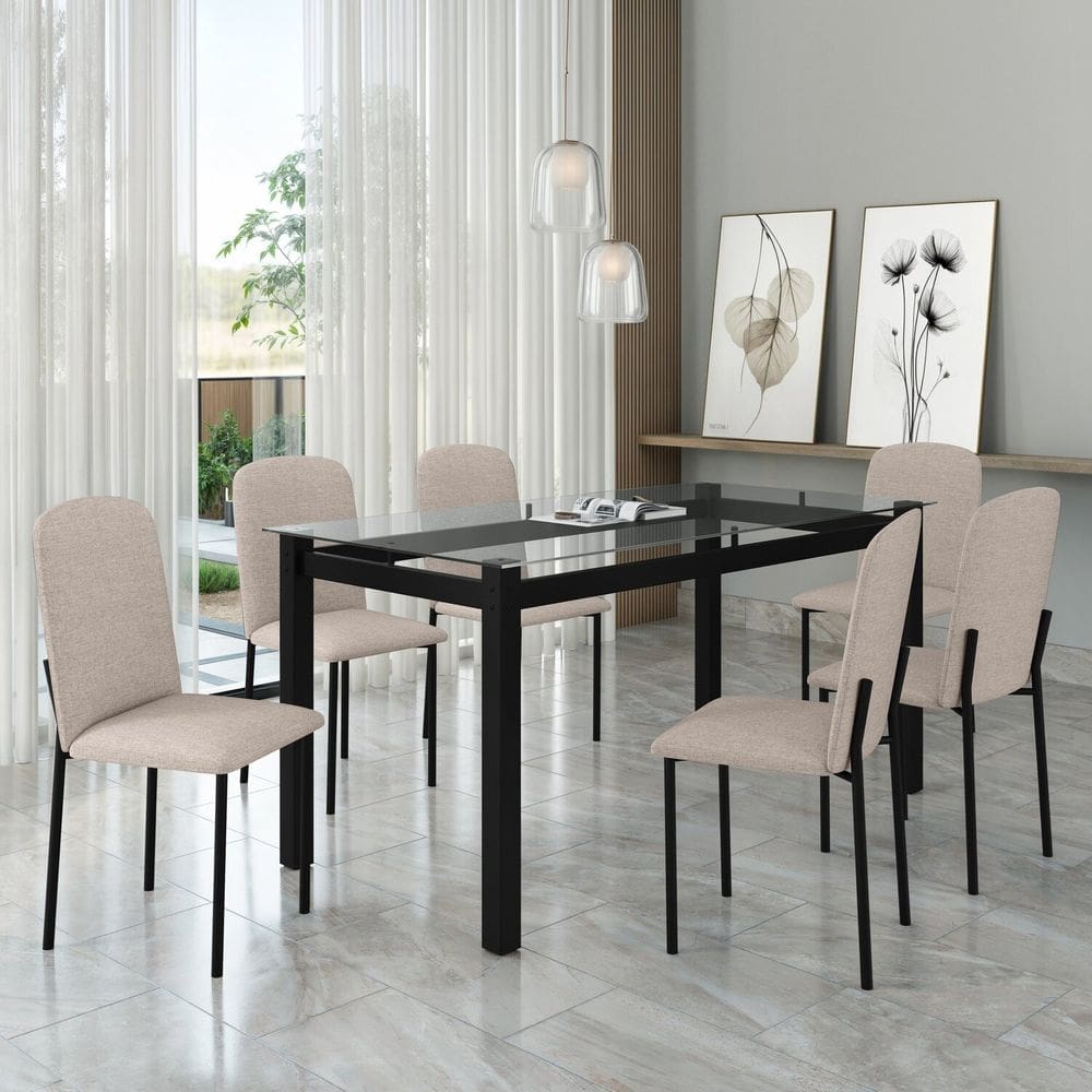 Mesa Tokio 160cm X 76,5cm Tampo de Vidro com 6 Cadeiras Classic Preto / Bege