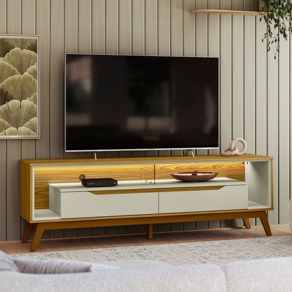 Rack para Tv 65 Polegadas com Led 175cm Duo Pés Madeira Retrô Freijo/ Off White