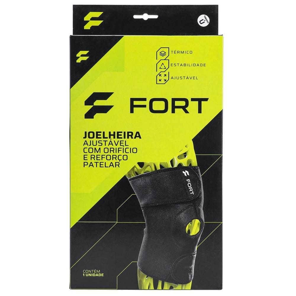 Joelheira Fort Neoprene Ajustável com Orificio e Reforço Patelar Tam Único Preta