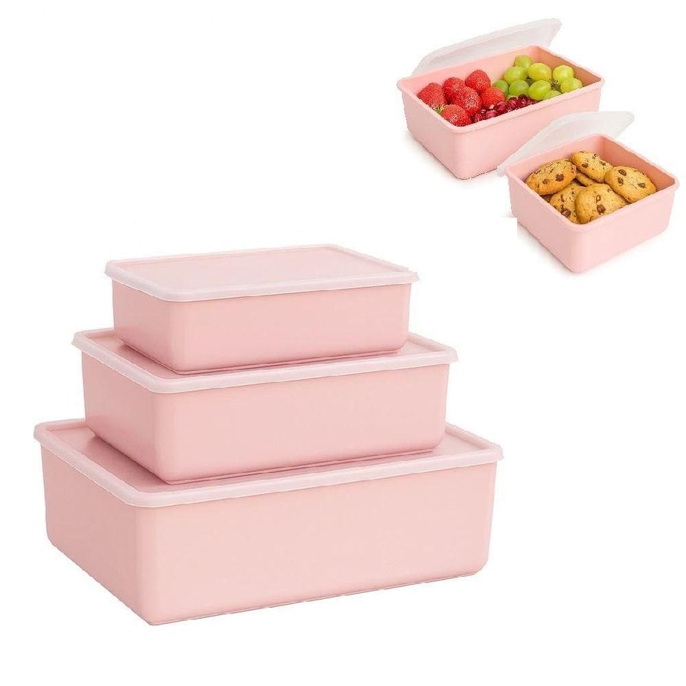 Kit 3 Potes Conjunto Multiuso Para Cozinha Freezer Microondas Porta Alimentos Frutas Academia Trabalho Rosa