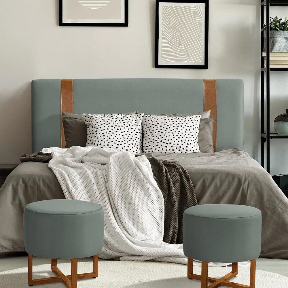 Cabeceira Queen Estofada Zeus 160cm Com Cintos De Couro Veludo Cinza Chumbo