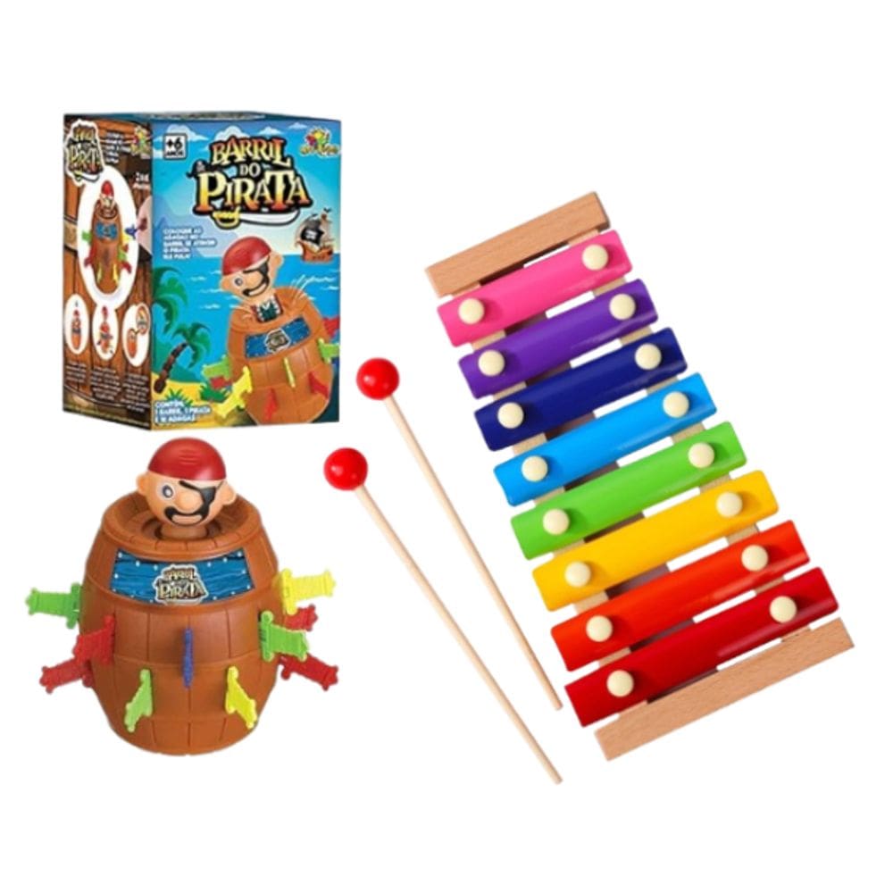 Xilofone Infantil Brinquedo + Jogo Pula Pirata Barril Pirata
