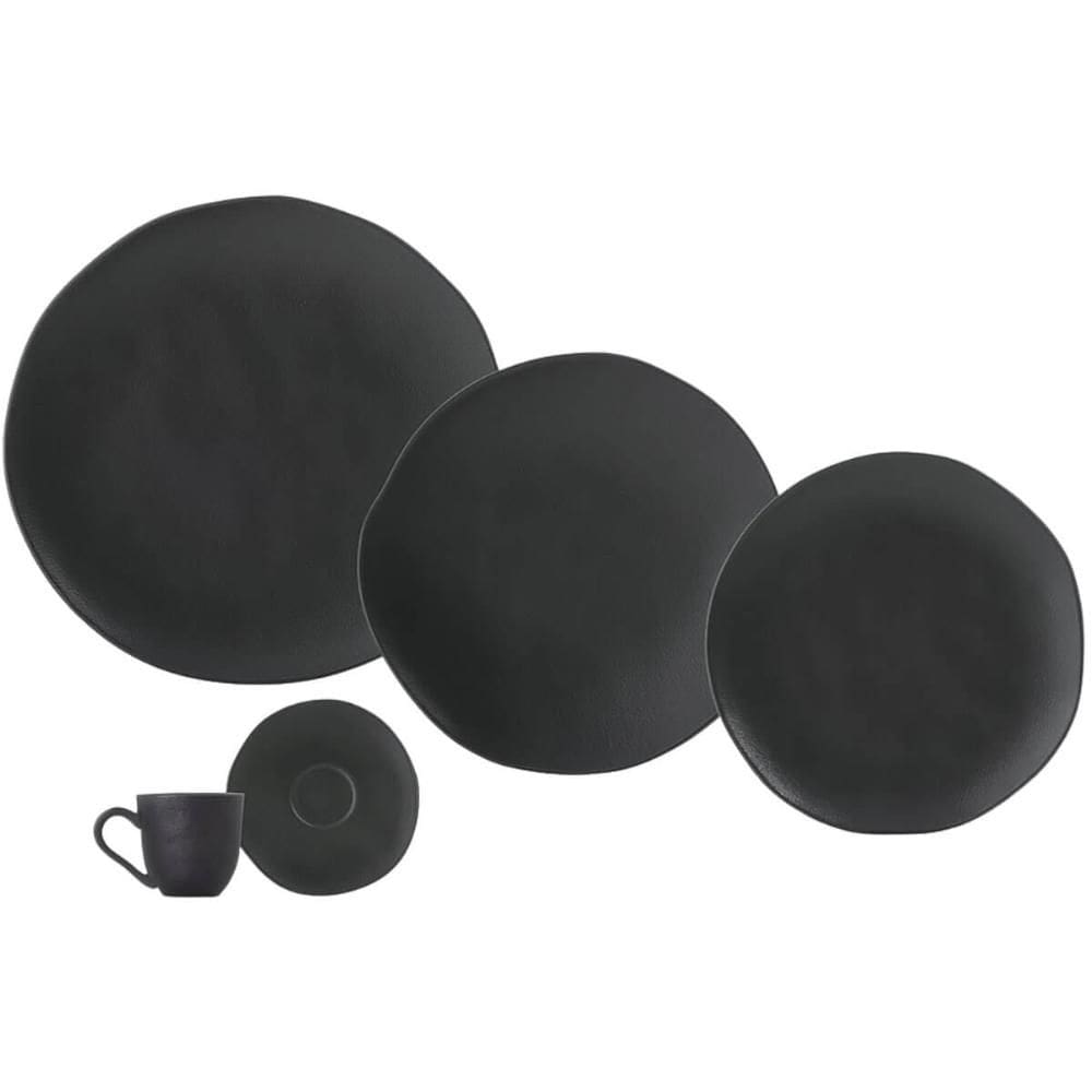 Aparelho de Jantar 30 Peças Orgânico Preto Matte Mesa Posta Porto Brasil 6 Pessoas Pratos e Xícaras