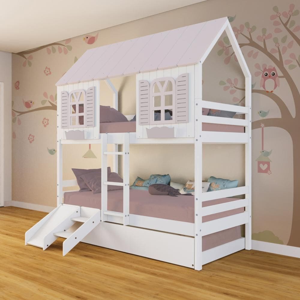 Treliche Casinha Bela Kit Escada/Escorregador - Madeira Maciça Branco/Rosa | Megamobilia
