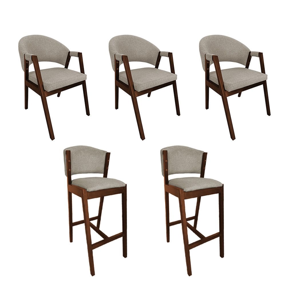 Kit 3 Cadeiras de Jantar Helen com 2 Banquetas Ana Madeira Maciça néctar das flores Premium Linho Bege
