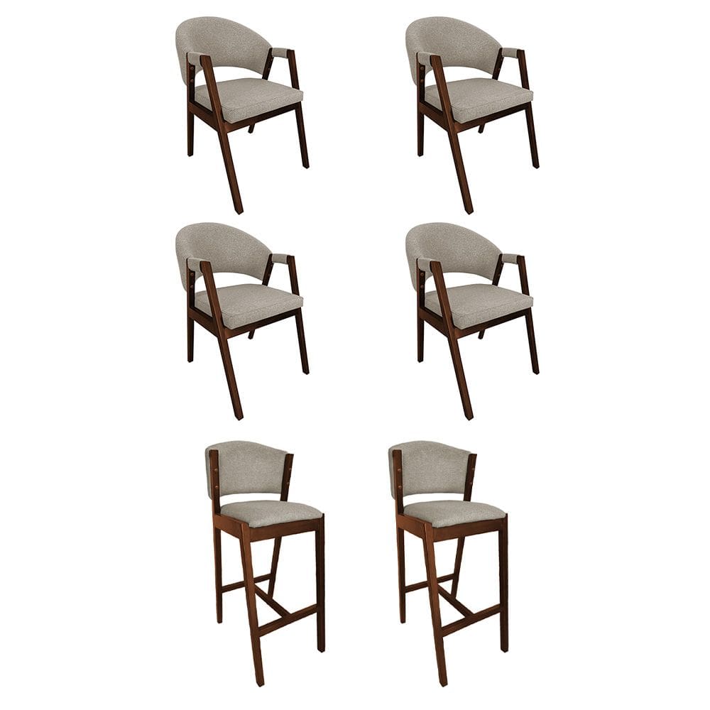 Kit 4 Cadeiras de Jantar Helen com 2 Banquetas Ana Madeira Maciça néctar das flores Premium Linho Bege