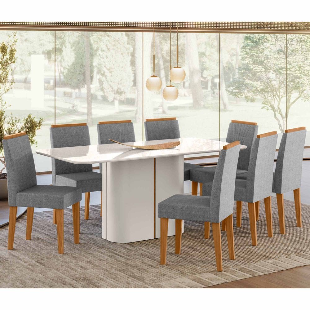 Conjunto Sala de Jantar Mesa Serena 1,80m com 8 Cadeiras Cecilia Off White/Friso Ypê/Al07 - New Ceval
