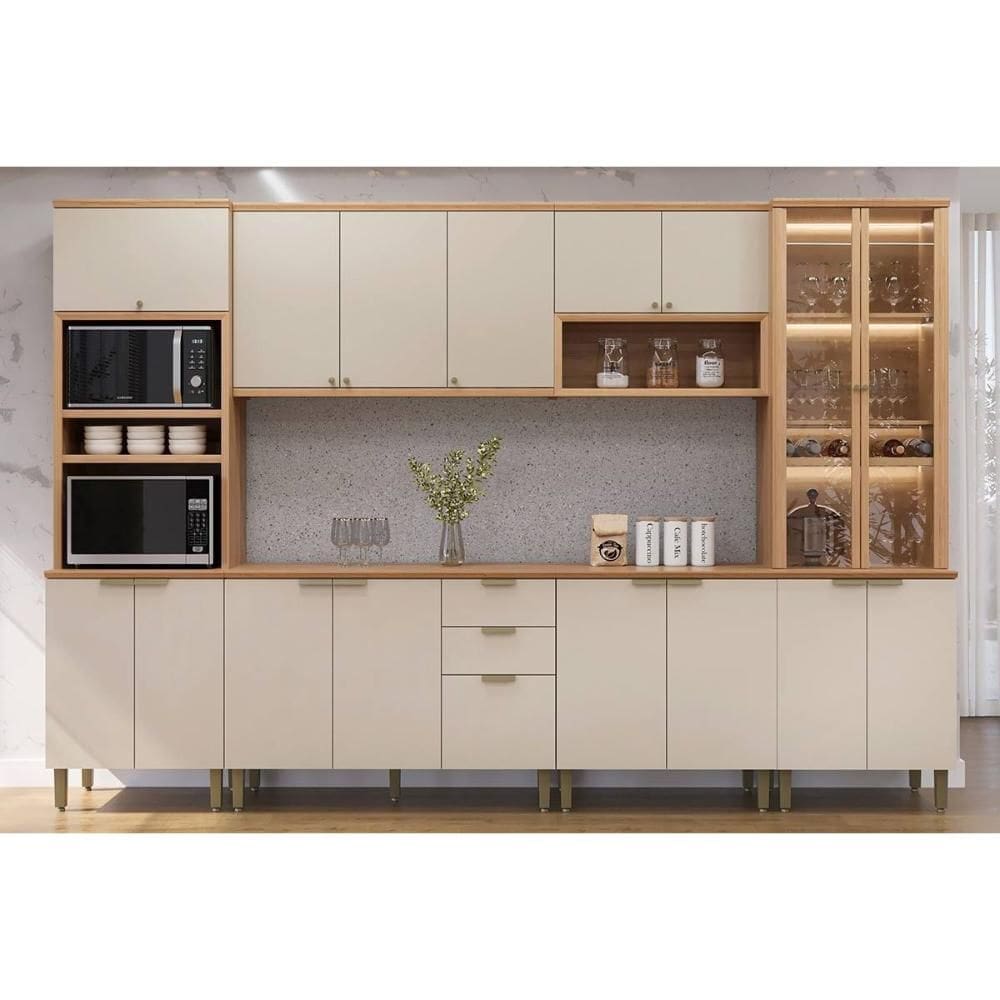 Cozinha Completa Selene 6 Peças (2Aéreos+2Balcões+2Paneleiros) CP01 Jequitiba/Off White Fosco - Linea Brasil