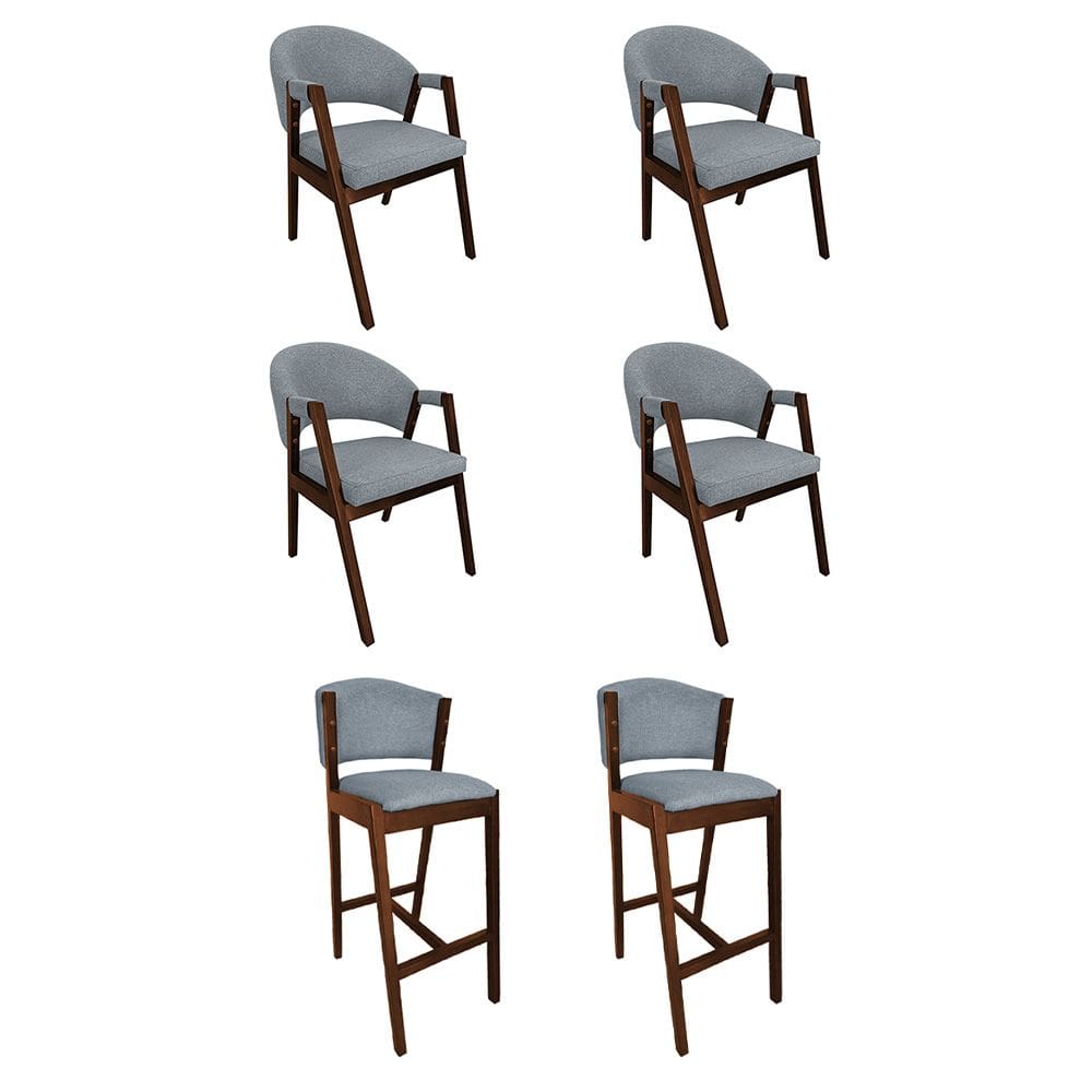 Kit 4 Cadeiras de Jantar Helen com 2 Banquetas Ana Madeira Maciça néctar das flores Premium Linho Cinza