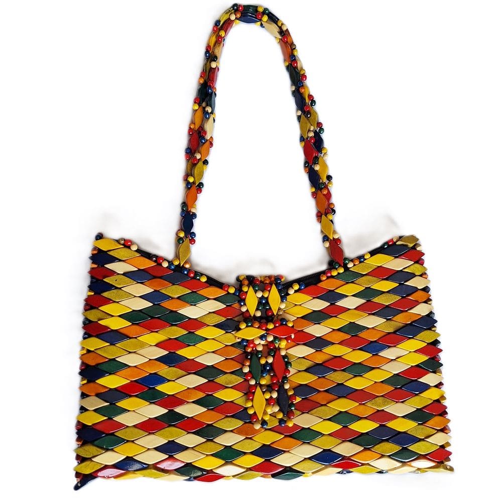 Bolsa Madeira Retangular Corte V Colorida com Fecho 32cm