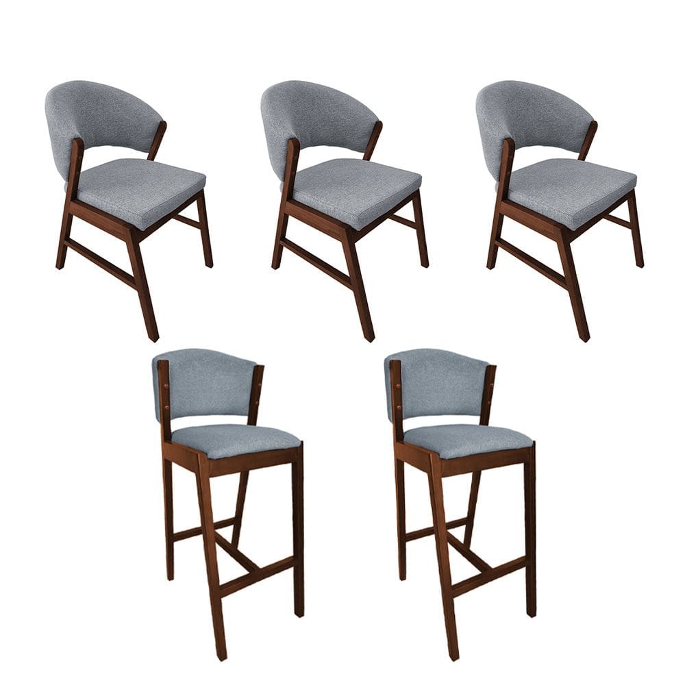 Kit 3 Cadeiras de Jantar Debora com 2 Banquetas Ana Madeira Maciça néctar das flores Premium Linho Cinza