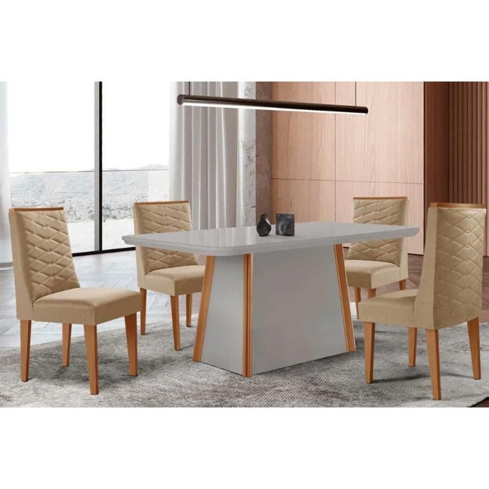 Conjunto Sala de Jantar Tilia c/ Tampo Madeirado c/ Vidro Canto Curvo 120x80cm e 4 Cadeiras Dafne Madeira Maciça Naturale/Off White - Capuccino/Linho