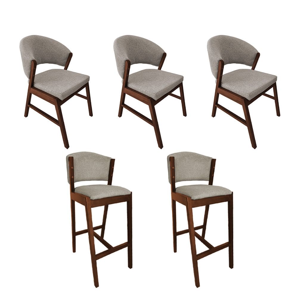 Kit 3 Cadeiras de Jantar Debora com 2 Banquetas Ana Madeira Maciça néctar das flores Premium Linho Bege