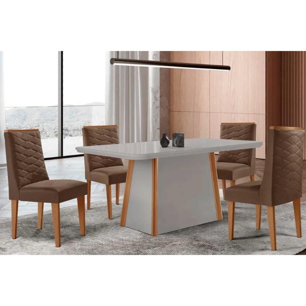 Conjunto Sala de Jantar Tilia c/ Tampo Madeirado c/ Vidro Canto Curvo 120x80cm e 4 Cadeiras Dafne Madeira Maciça Naturale/Off White - Capuccino/Suede