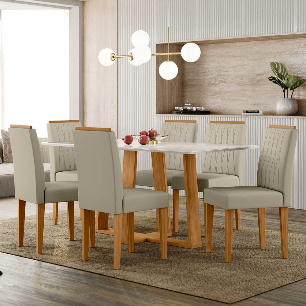 Conjunto Sala de Jantar Mesa Rubi 1,60m com 6 Cadeiras Ana Ypê/Off White/Ja01 - New Ceval
