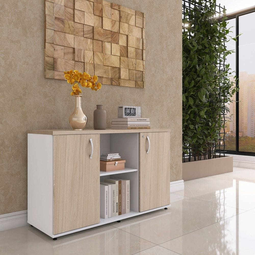 Armário Credenza 2 Portas Pivotante Branco/Nogueira