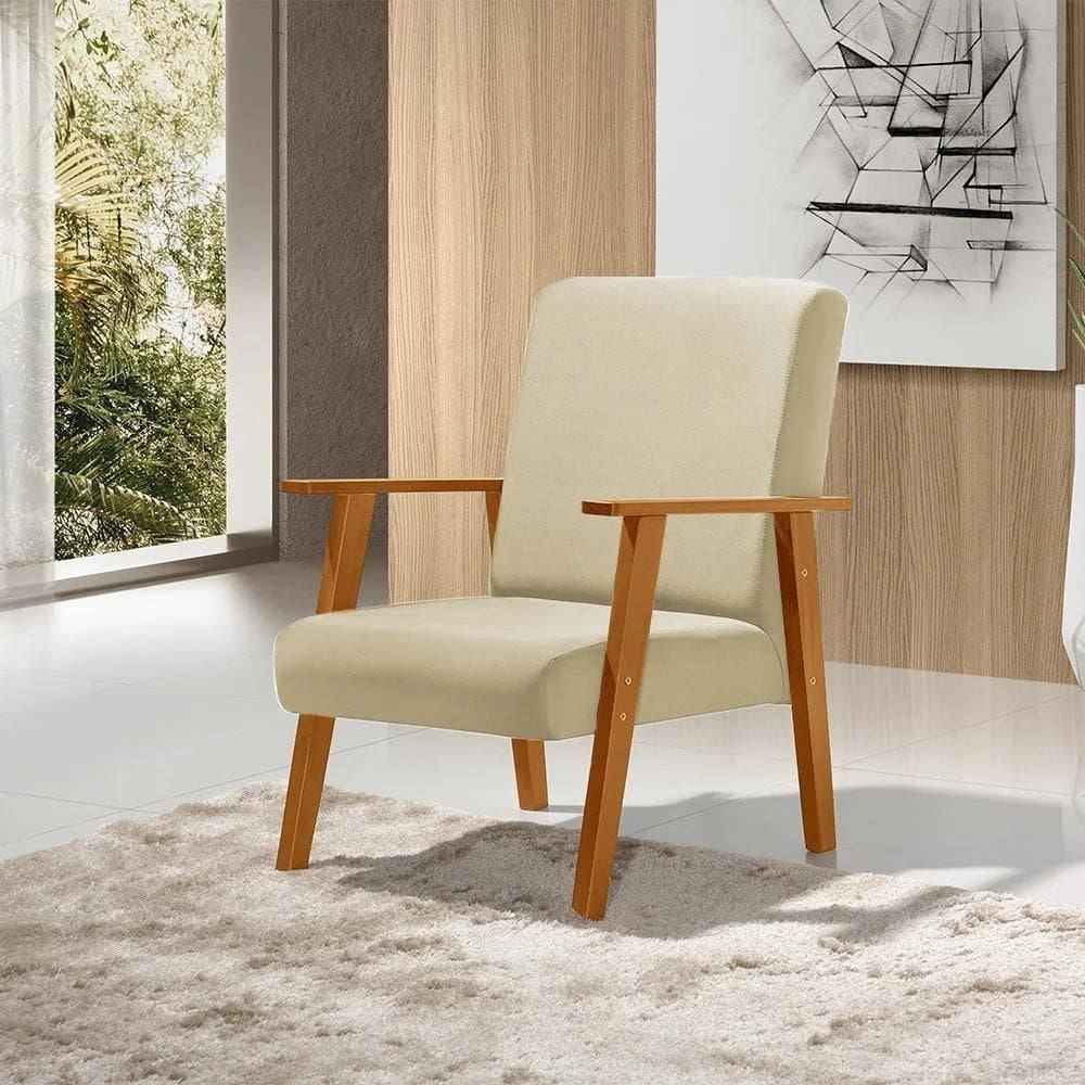 Poltrona Decorativa Para Sala De Estar Juliana Veludo Bege Base Madeira Maciça