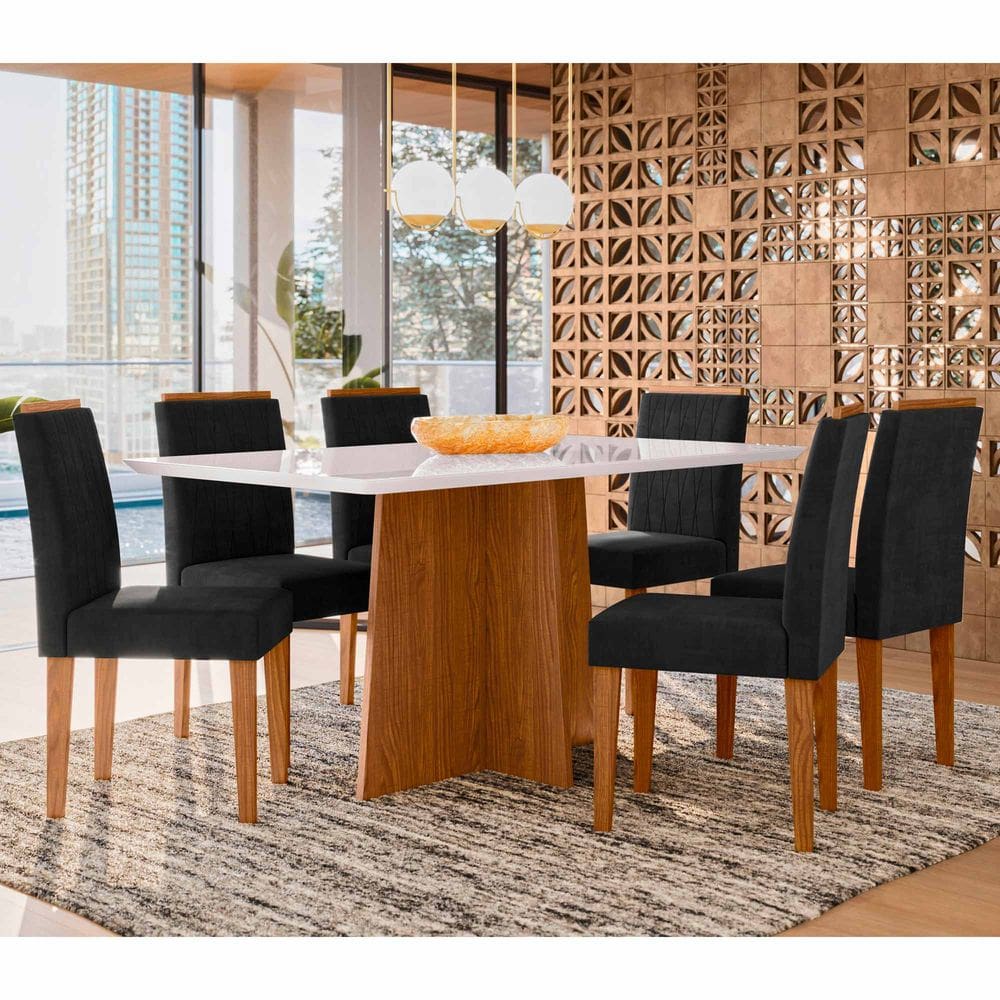 Conjunto Sala de Jantar Mesa Anitta 1,60m com 6 Cadeiras Ana Ypê/Off White/Ja03- New Ceval
