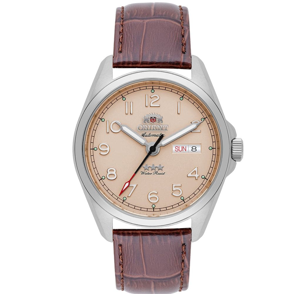 Relógio ORIENT masculino automático couro bege YN6SC006 T2NX