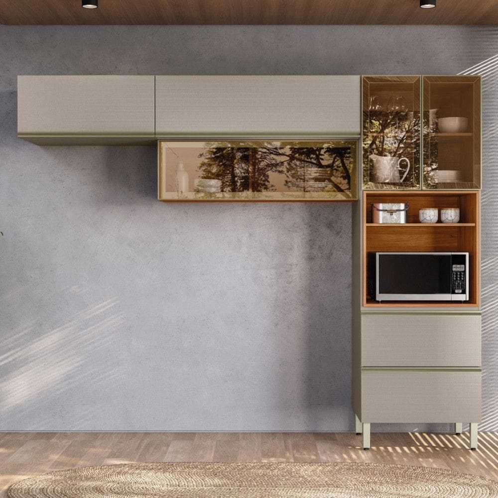 Cozinha Completa Proença 5 Portas 2 Gavetas com Vidro Nogueira/Nude Prime Tx Dp270 - Demobile