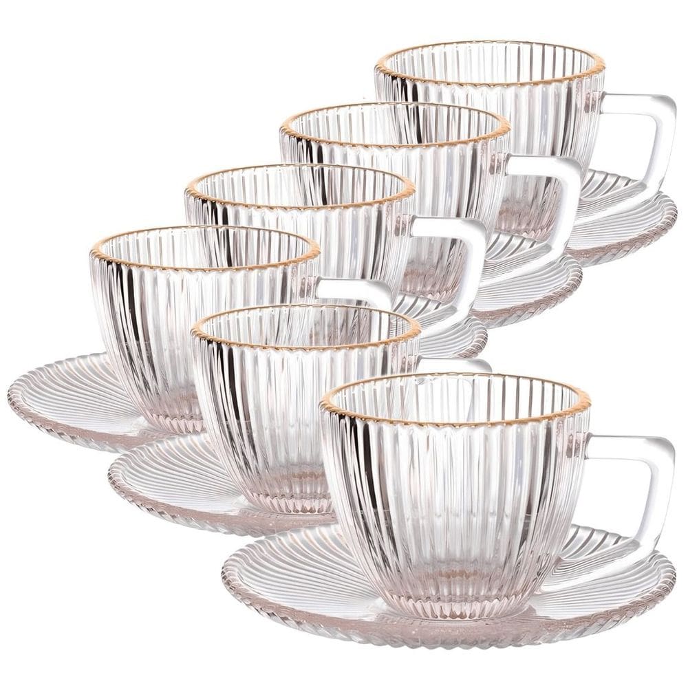 Jogo de Xícaras Com Pires Graffiato para Café em Vidro Transparente com Borda Dourada 90ML - 12 Peças