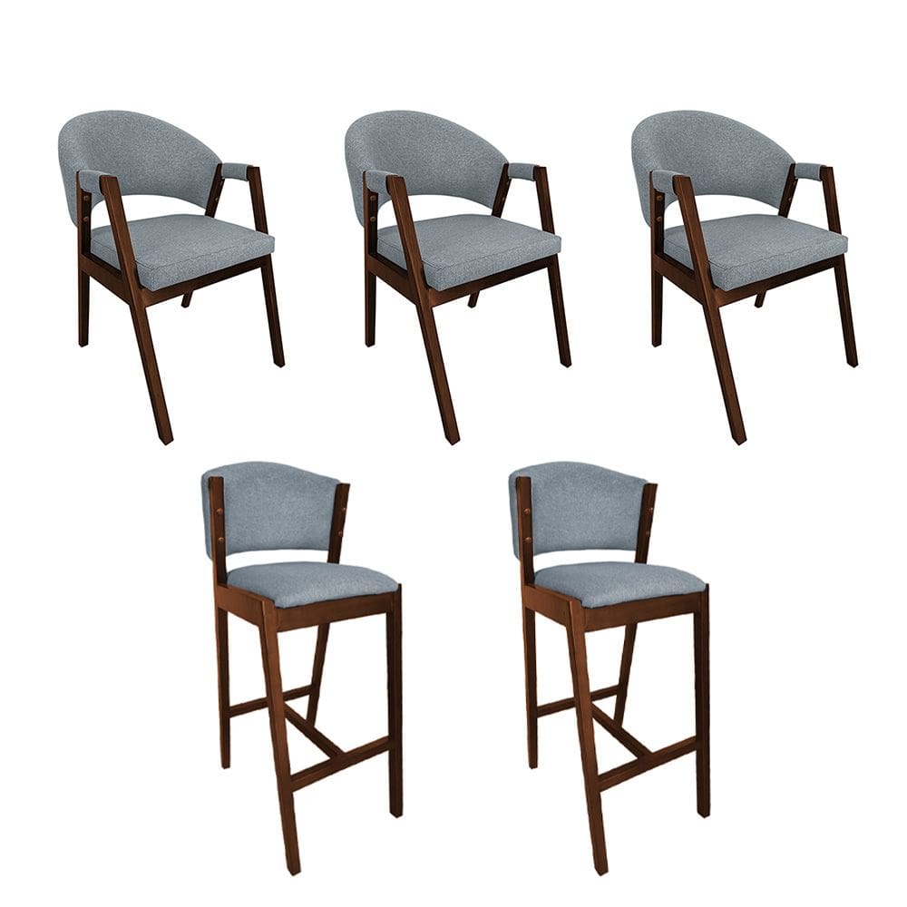 Kit 3 Cadeiras de Jantar Helen com 2 Banquetas Ana Madeira Maciça néctar das flores Premium Linho Cinza