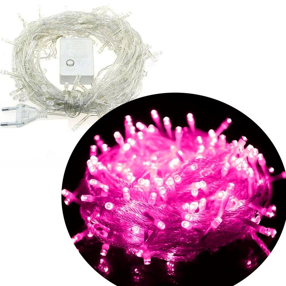 Pisca Varal Decoração Natal 200 Lâmpadas LEDs Rosa 220v 17M