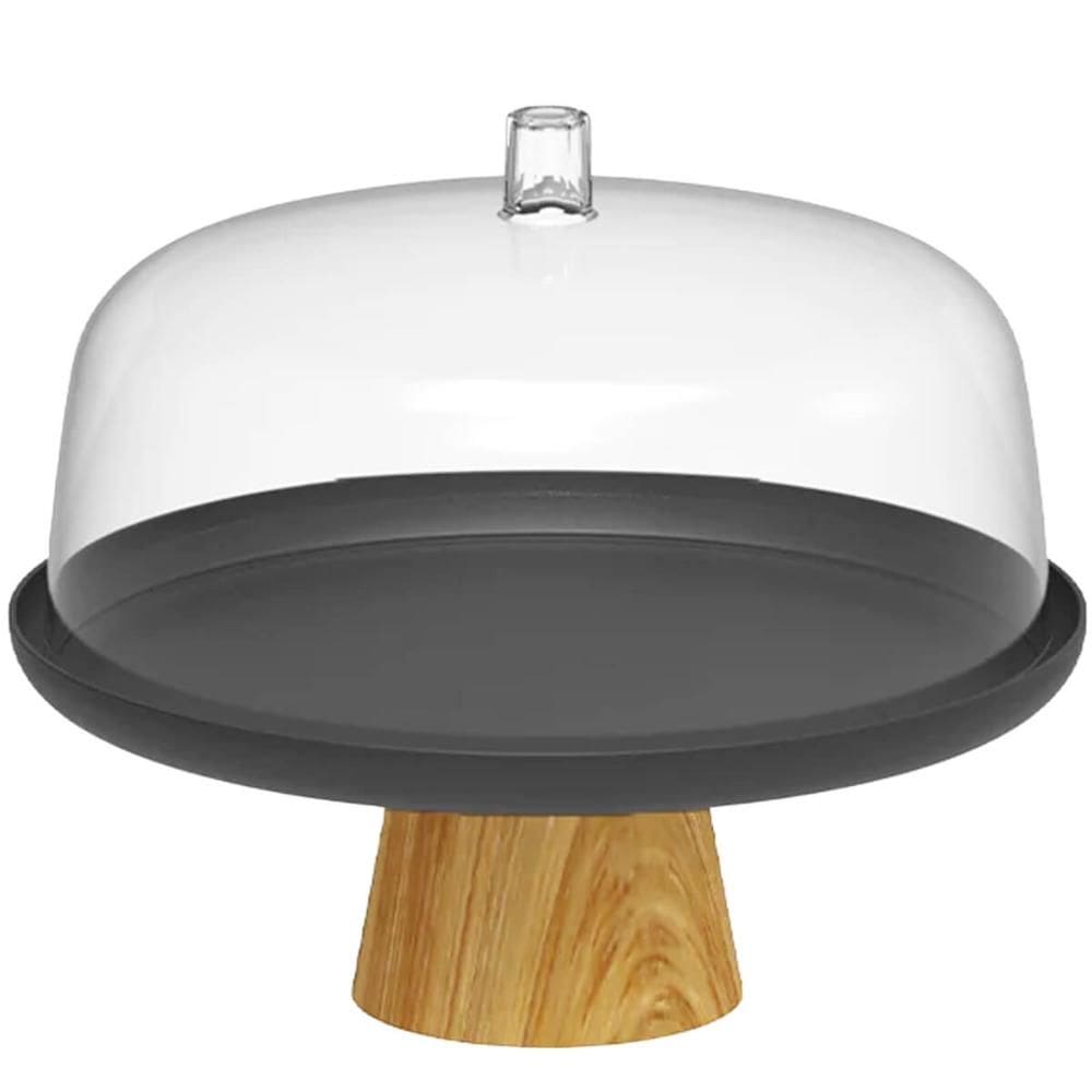 Boleira Cúpula Plástica 25cm com Pé Bambu Lume Preto Prato para Bolo Doces Ou