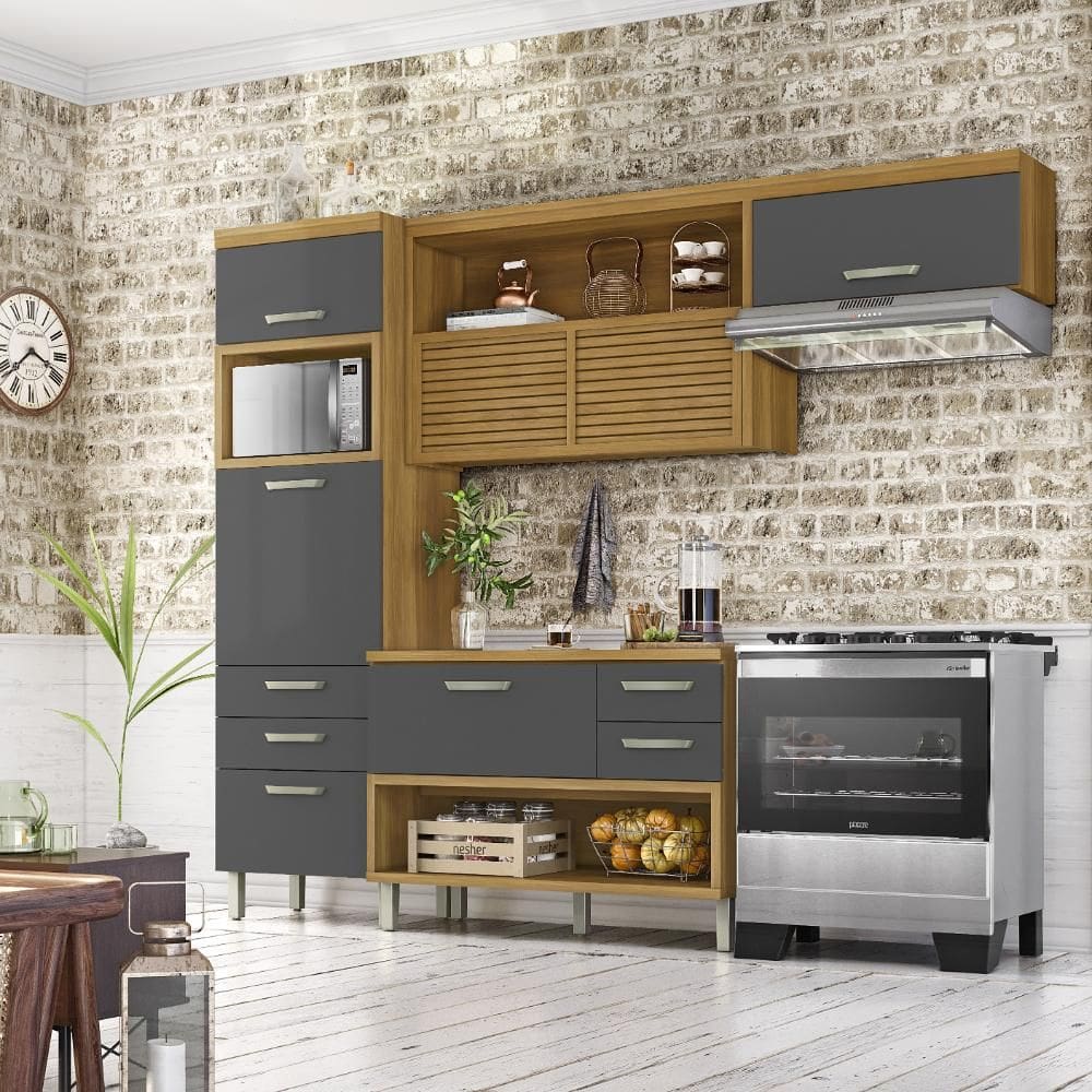 Cozinha Nesher 3 Peças Paneleiro Balcão Armário Marrom Cinza