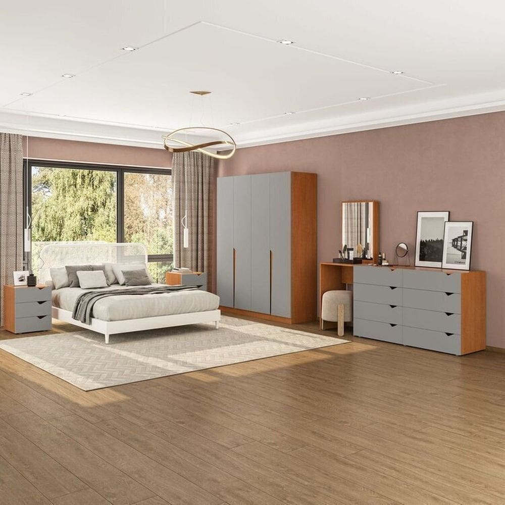 Conjunto com Guarda-Roupa, Cômoda com Espelho e Gaveteiro Porto Cinza/Freijó