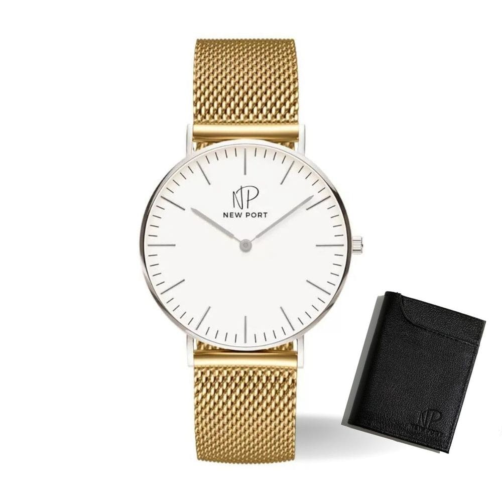 Relógio de Pulso Masculino Dourado New Port + Carteira Couro