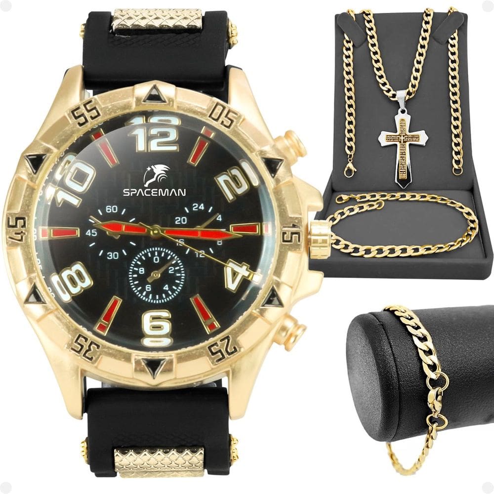 relogio masculino banhado ouro aço + crucifixo + pulseira prova dagua pallyjane grande pesado