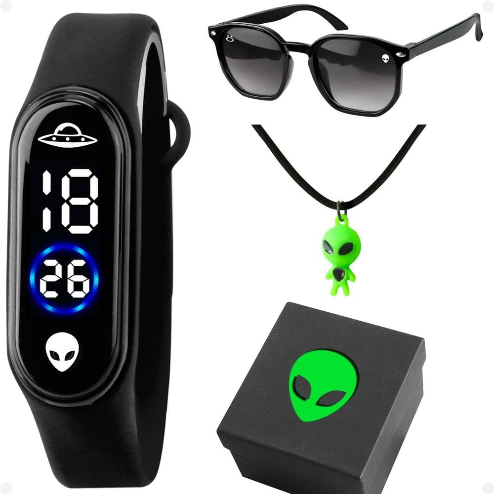 Relogio Ovni Infantil Et Led + Colar + Oculos Sol + Caixa Verde Menino Digital Docial Led Presente