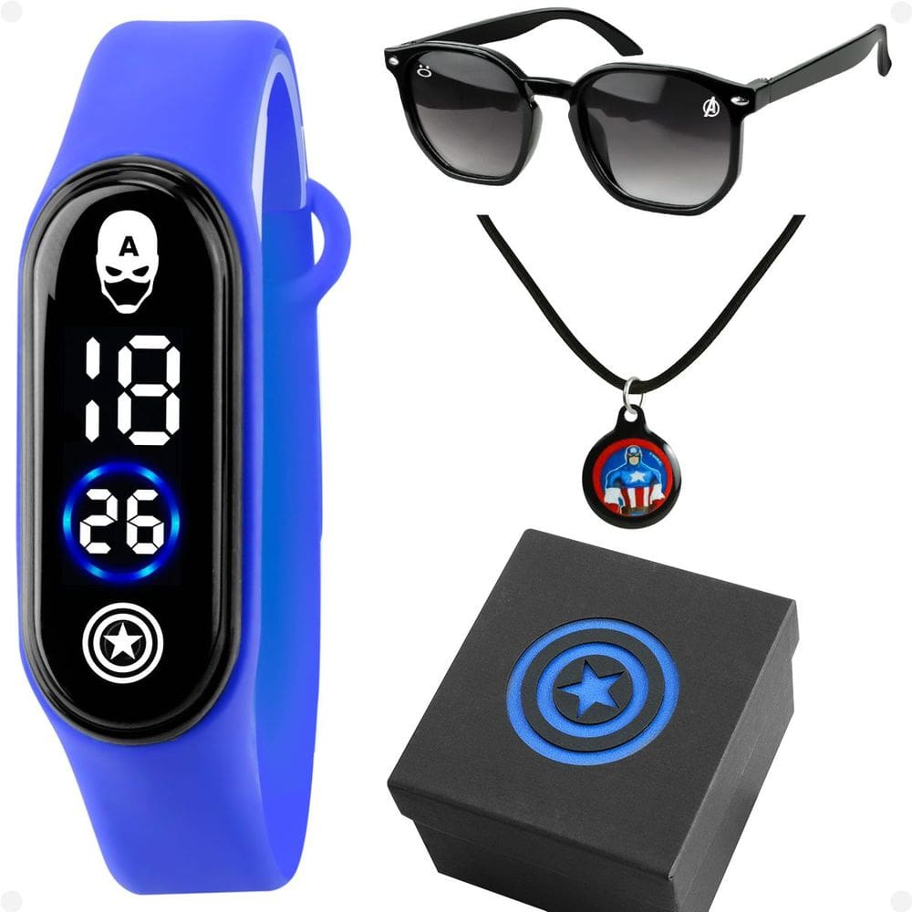 relogio infantil capitão america + oculos + colar + caixa digital azul kids prova dagua esportivo