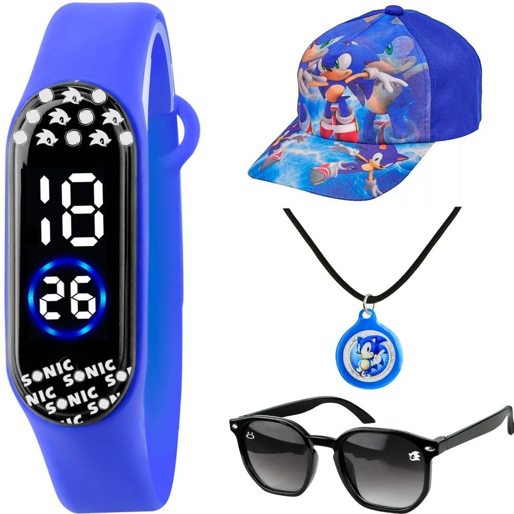 Relógio Infantil Digital + Óculos Proteção UV Sonic Ajustável Acetato Silicone Azul Preto Presente