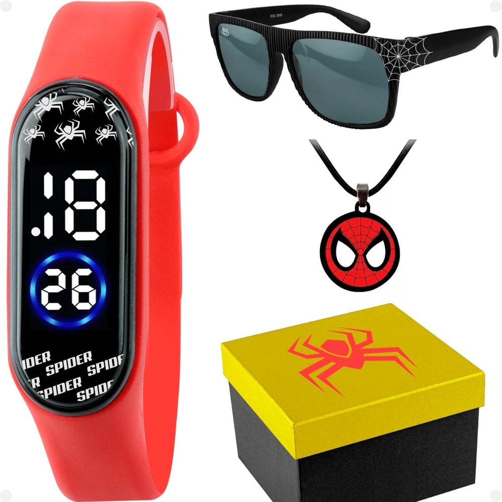 relogio infantil digital + colar aranha + oculos sol + caixa heroi silicone vermelho criança menino