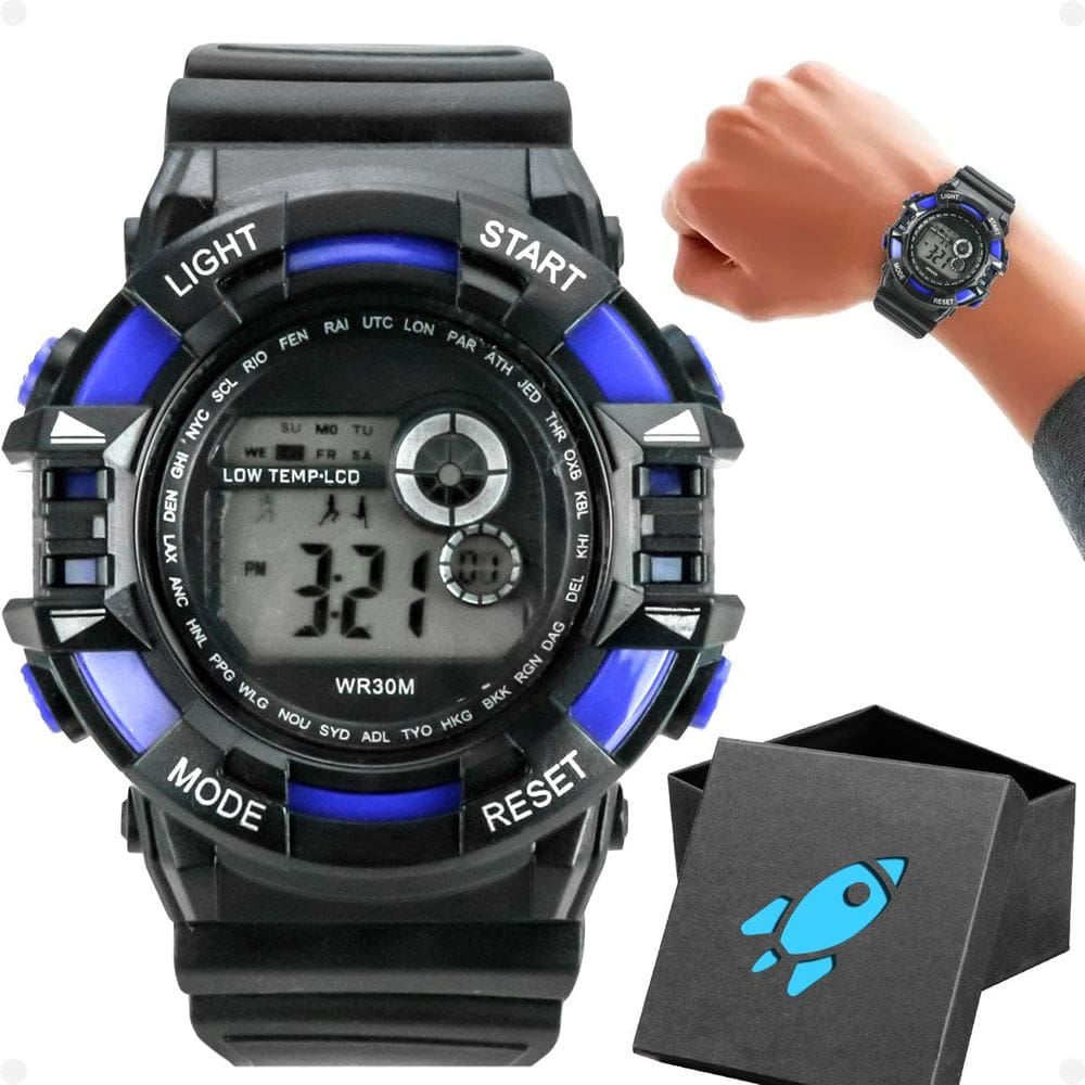 relogio criança digital silicone menino infantil + caixa data silicone ajustavel azul criança preto