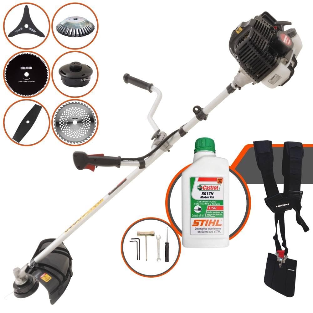 Roçadeira Kawashima KW52LE À Gasolina 52cc 2,5HP 6 Em 1 Com Carretel + Faca 2 Pontas, 3 Pontas, 40 Dentes e 80 Dentes + Escova de Aço + ÓLEO STIHL 2T