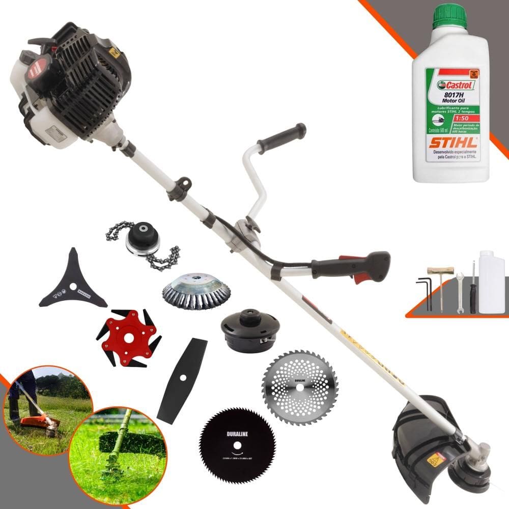 Roçadeira Robusta Kawashima KW52-LE À Gasolina 52cc 2,5HP Para Todos os Tipos de Trabalho Com Carretel Nylon + Kit de 7 Opções de Cortes + ÓLEO STIHL