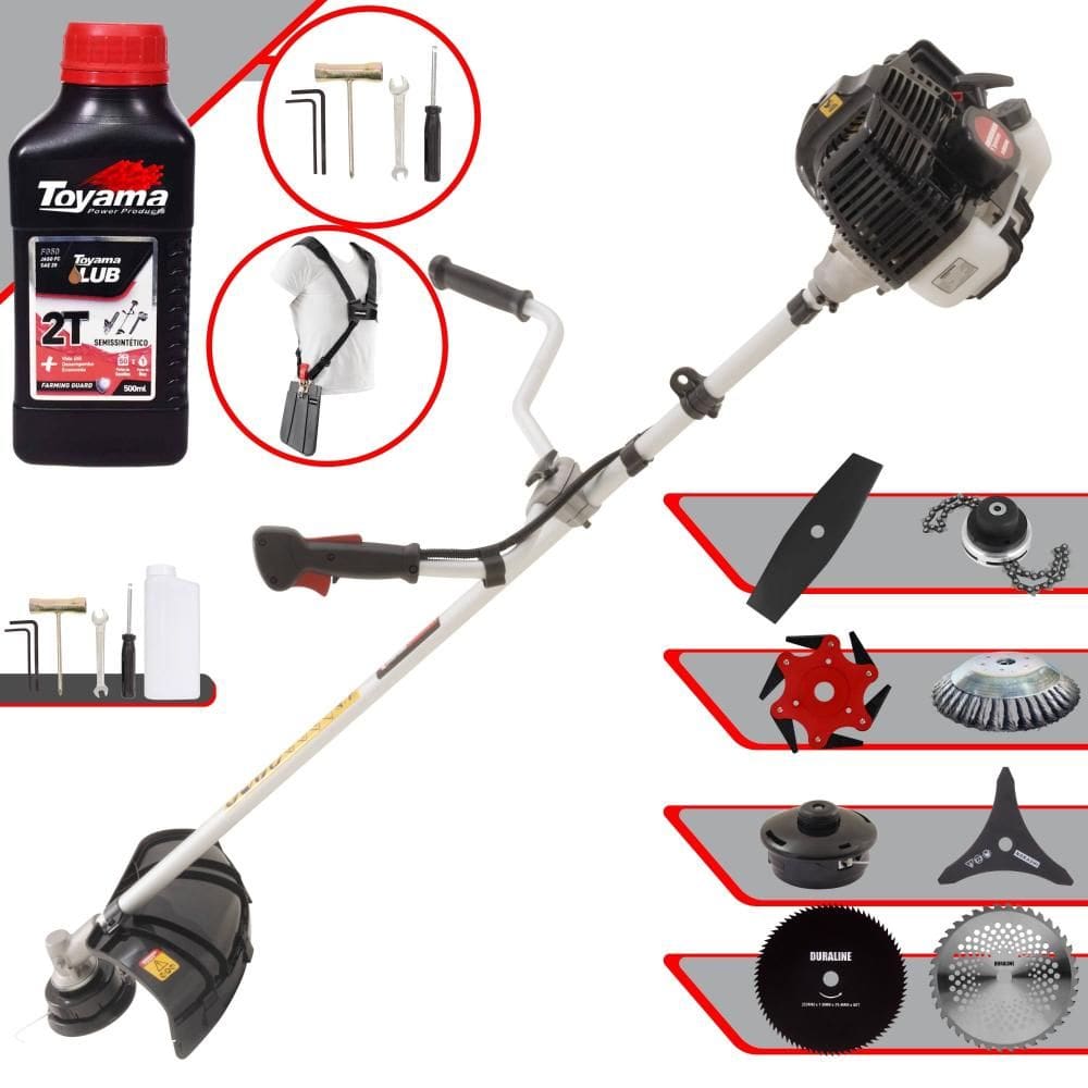 Podador de Grama Kawashima KW52LE 52cc + Facas 2 Pontas, 3 Pontas, 6 Pontas, 40 Dentes, 80 Dentes, Trimmer, Carretel, Escova de Aço + ÓLEO TOYAMA 2T