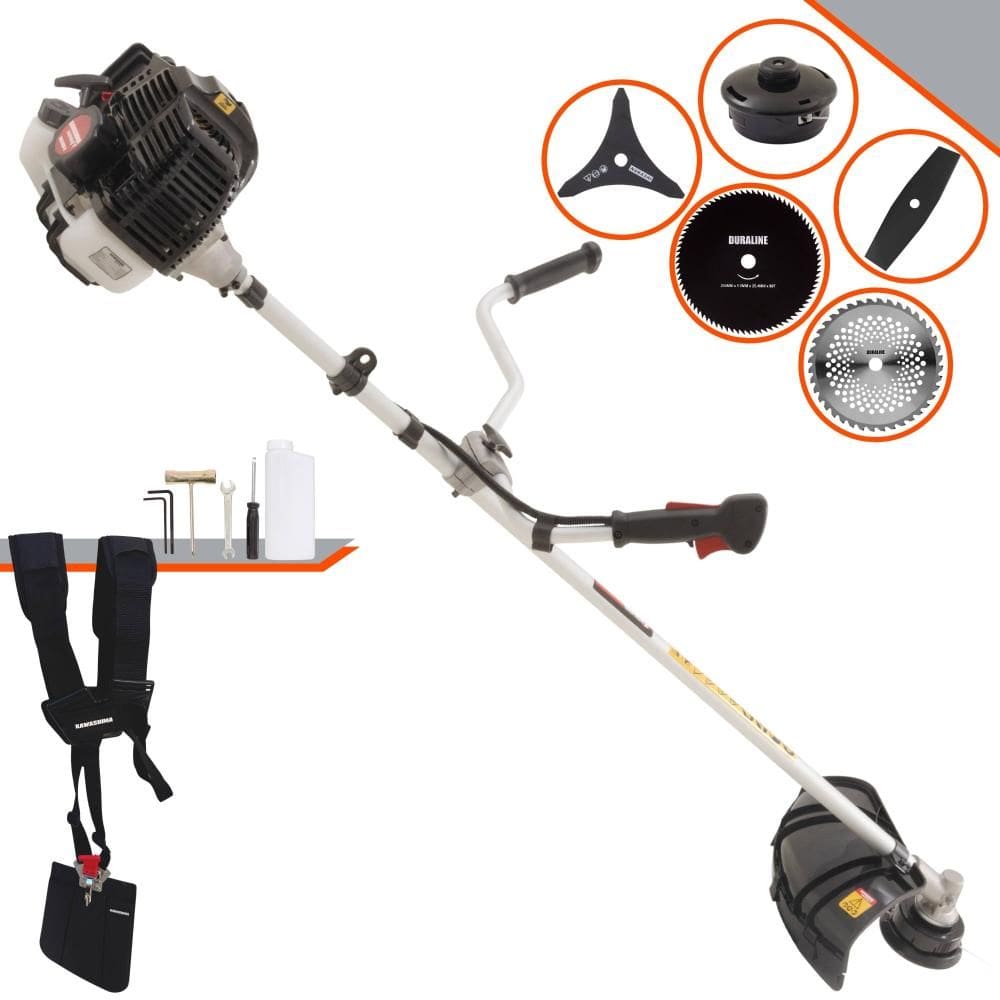 Roçadeira Kawashima KW52-LE À Gasolina 52cc 2,5HP de Potência 10.000rpm Com Carretel + Faca 2 Pontas + Faca 3 Pontas + Faca 40 Dentes + Faca 80 Dentes