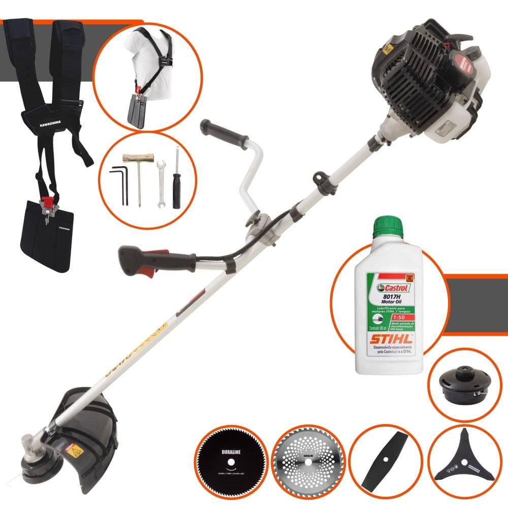 Roçadeira À Gasolina Kawashima KW52-LE Multifunções 12000rpm 52cc 2,5HP Completa Com 5 Opções de Cortes, Carretel e Kit 4 Facas + ÓLEO STIHL 8017