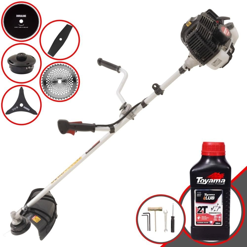 Roçadeira Robusta Kawashima KW52LE À Gasolina 52cc Com Carretel + Faca 2 Pontas + Faca 3 Pontas + Faca 40 Dentes + Faca 80 Dentes + ÓLEO TOYAMA 2T